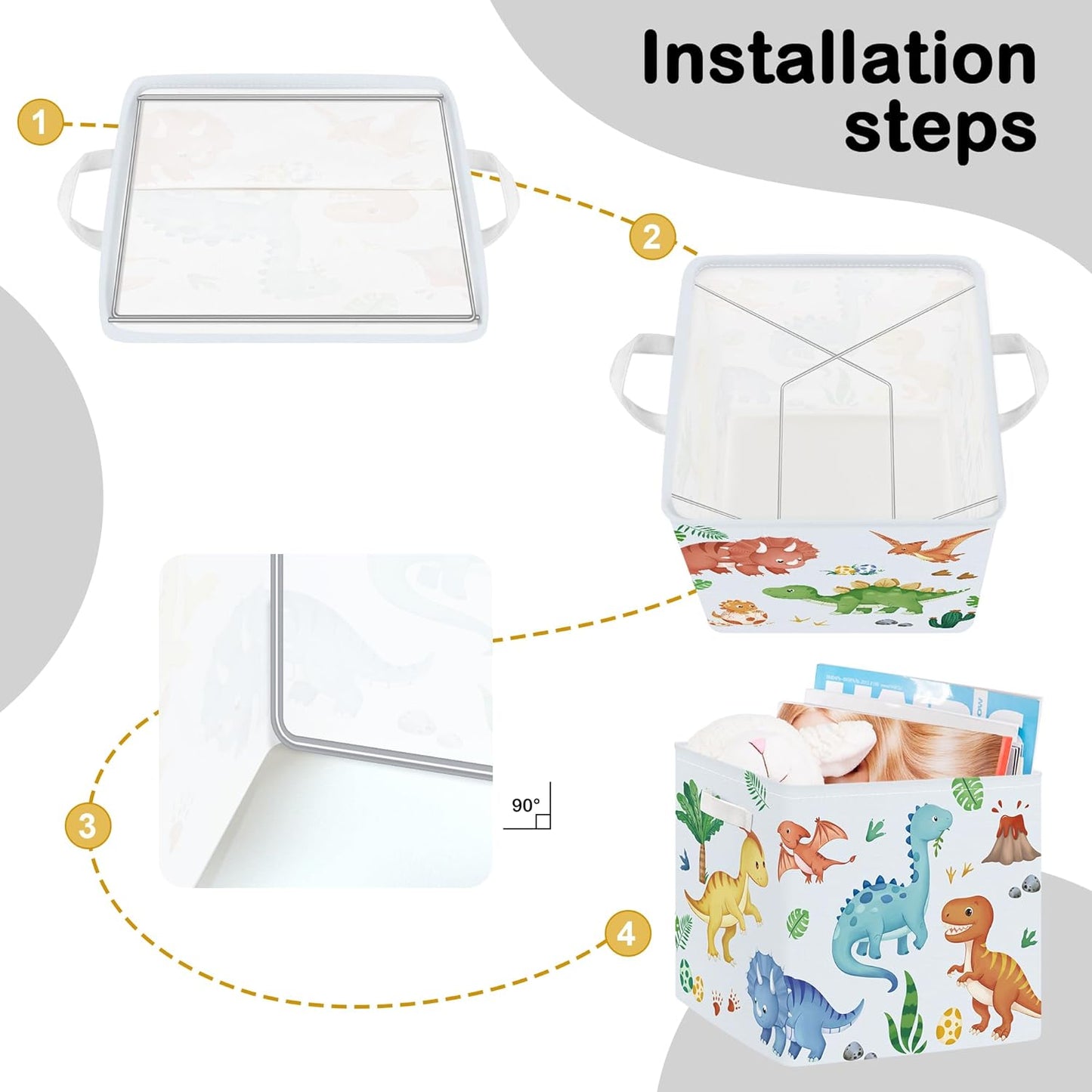 11.8" Boho Dinosaurs Cube Storage Organizer Set 3Pcs Palms Eggs Cube Storage Bin for Bathroom/Bedroom Kid Book Toy Chest, Volcanoes