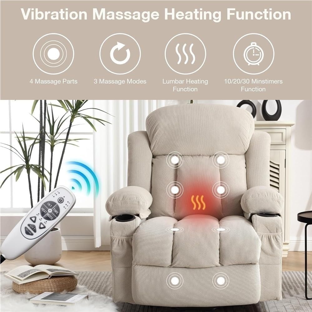 Electric Lift Recliner Chair for Elderly Sofa with Massage and Heat Comfortable Home Theater Seating Ergonomic Single Lounge Chairs for Living Room with Cup Holders and Side Pocket