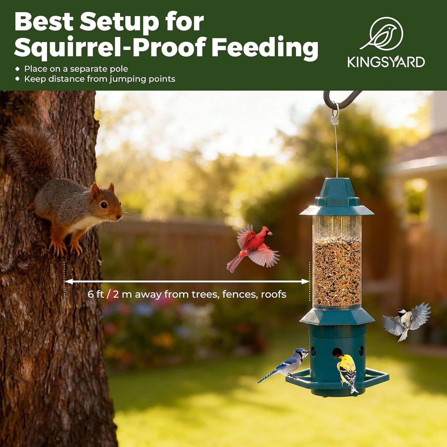 Kingsyard Squirrel-Proof Bird Feeder with Adjustable Weight-Activated Perch, Wild Bird Feeders for Outdoors Hanging, Weatherproof & 4 lb Large Seed Capacity, Dark Green