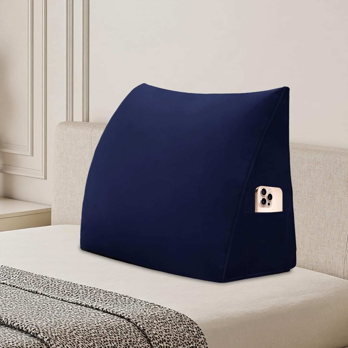 Wedge Headboard Pillow Reading Backrest Pillows for Sitting in Bed Sofa Dorm with Removable Cover Side Pockets Dutch Velvet Fabric Dark Blue