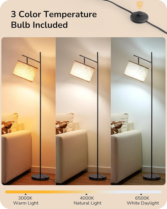EDISHINE Modern Floor Lamps for Living Room, 64.7" Minimalist Standing Lamp with 3 Color Temperatures Bulb & Adjustable Linen Shade, Foot Pedal Switch, Arc Tall Lamp for Bedroom Office, Black