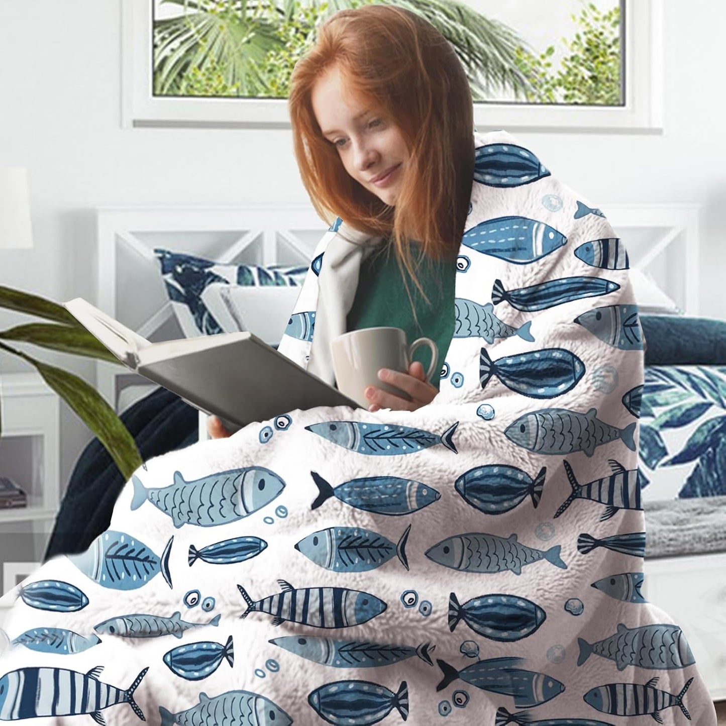 Coastal Blue Fish Theme Flannel Throw Blanket, Sea Ocean Birthday Gifts for Adults Kids Men Women, Beach Nautical Soft Blankets for Bedding Sofa 50" x 60"