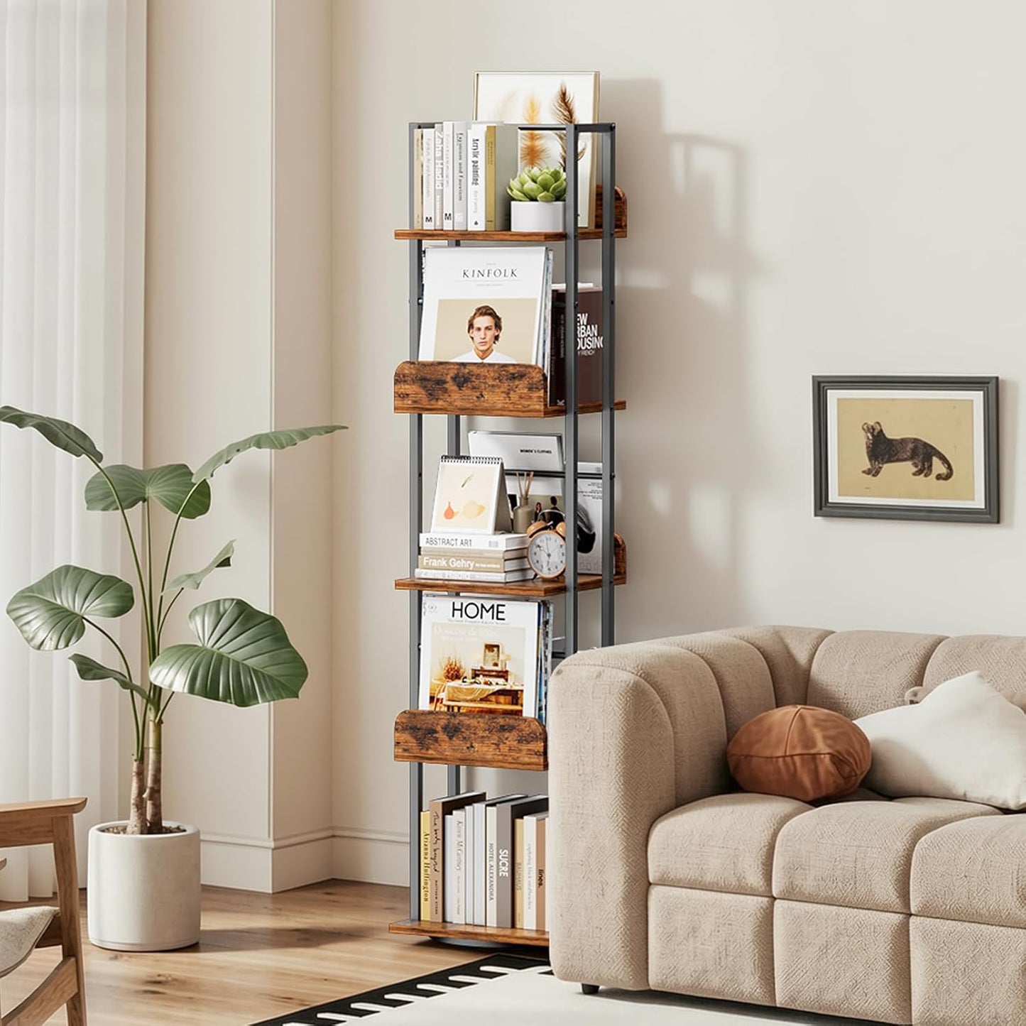 Bikoney Rotating Bookshelf, 360 Display Spinning Bookshelf Tower, 5-Tier Narrow Bookcase, Tall Industrial Book Shelf Organizer, Small Corner Book Shelves for Living Room, Black