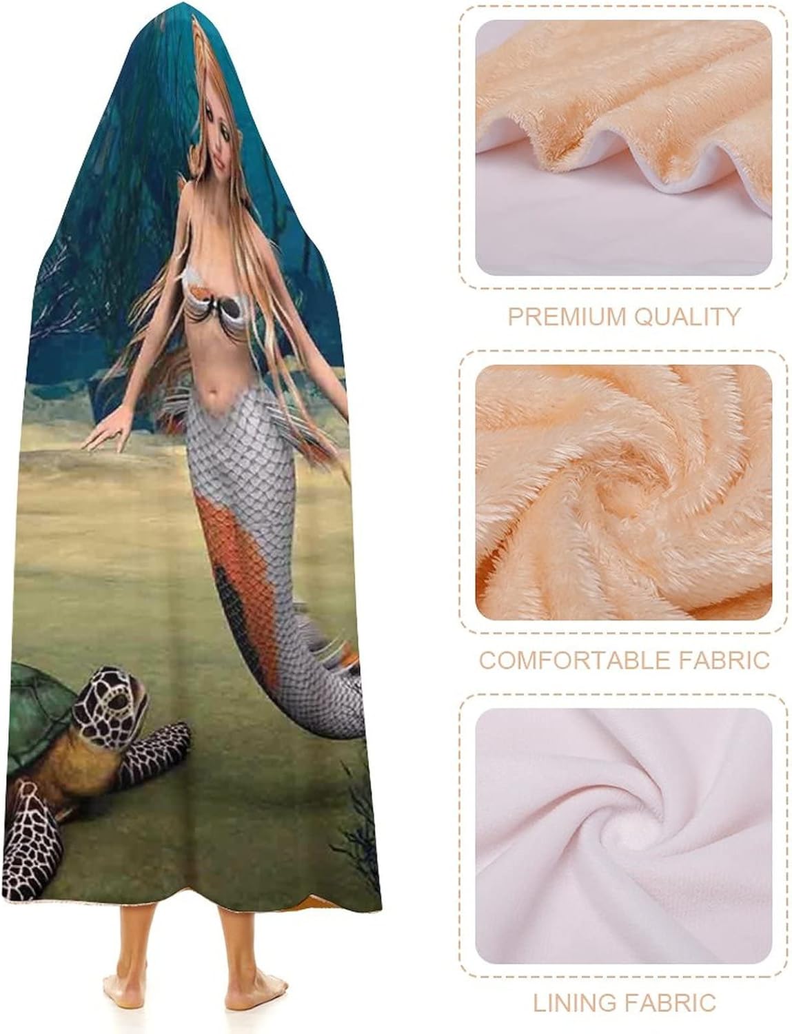 Throw Blankets, Ocean Women Men Hooded Blanket, Digital Render of Cute Girl Turtle Fantasy, Soft Warm Cozy, 40 x 50inches, Studying Reading Snuggling Napping Office, Multicolor