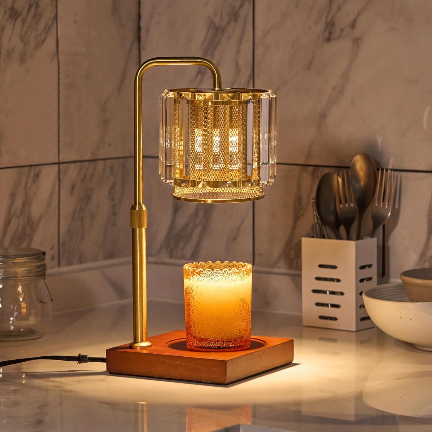 Candle Warmer Lamp with Timer and Dimmer Purple, Adjustable Height Glass Candle Lamp, Electric Candle Lamp Warmer for Home Decor,Gift for Women,2-Bulb Candle Warming Lamp for Jar Candles (Gold)