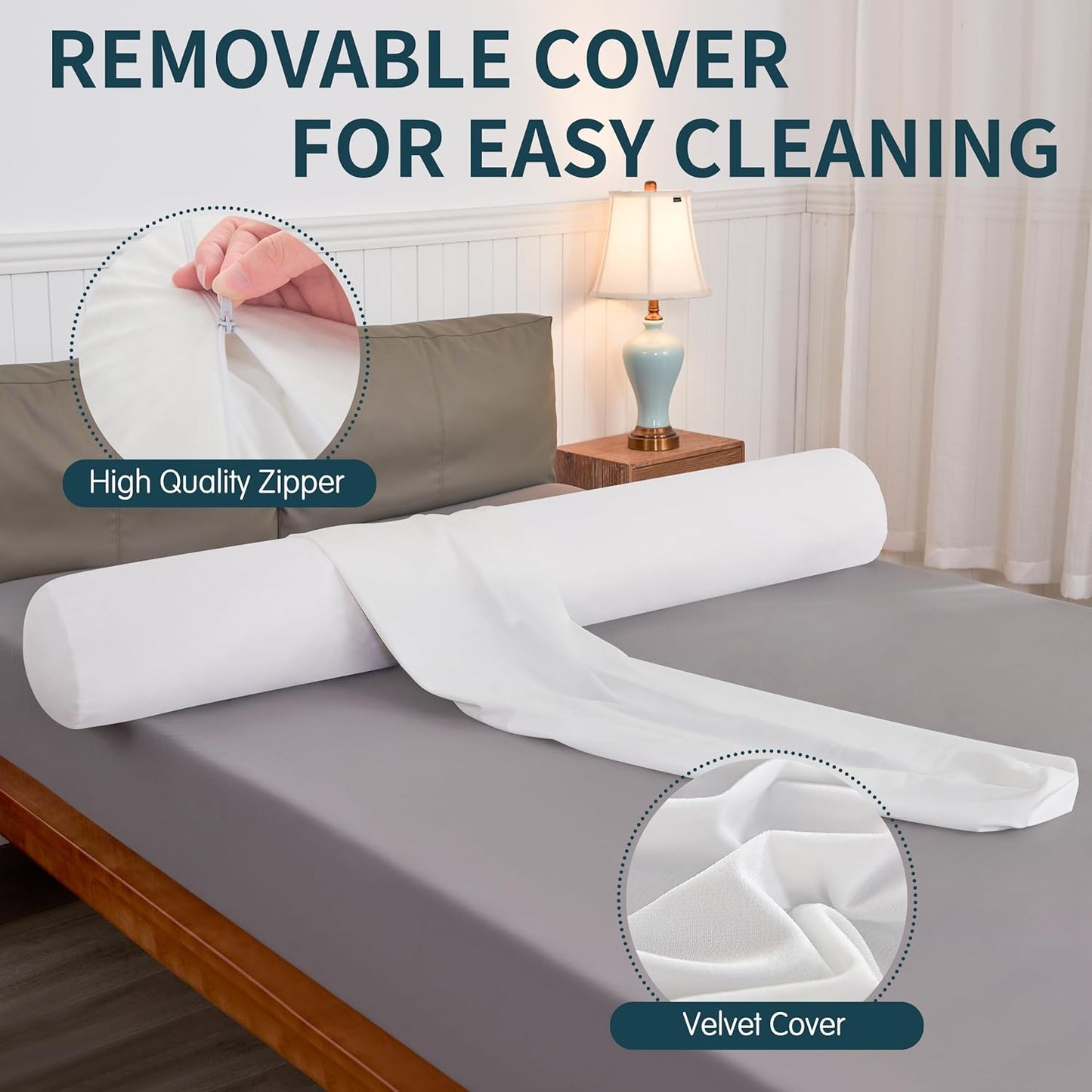SyMax 7.8"x76" Body Pillow for King Bed, Long Round Body Pillow for Adults, Memory Foam Bolster w/Removable Velvet Cover, Headboard Gap Filler Pillow, White
