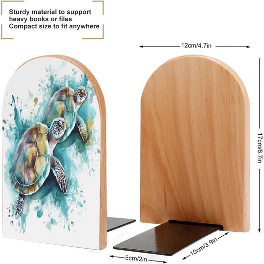 Two Turtles Watercolor Splash Wooden Bookend Non-Slip Book Ends Heavy Duty Book Stopper with Metal Base Books Holderd Decorative Bookends Stands Firmly for Office Supplies
