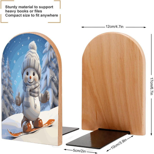 Non-Slip Bookend for Shelves Cute Snowboard Snowman Wooden Bookends with Metal Base Decorative Book Stopper for Home Heavy Duty Wood Book Storage for Books/CDs