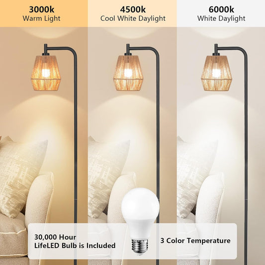 Rattan Floor Lamps for Living Room,Boho Floor Lamp with 3 Color Temperatures,Farmhouse Standing lamp with Hand-Worked Wicker shade,Black tall light for Bedroom,Office,Corner(9W LED Bulb Included)