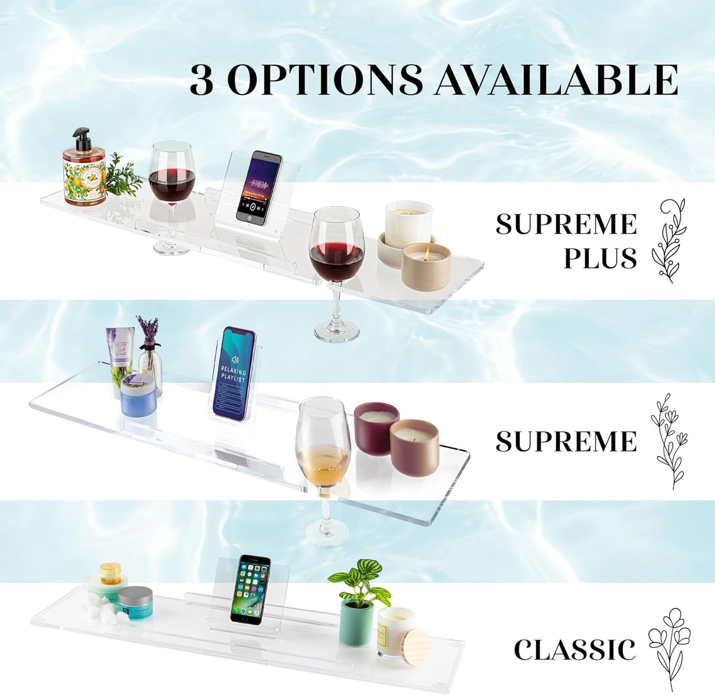 38" Supreme Plus- Luxury Bathtub Tray Caddy- 3/8" Thick, Clear Bath Tub Tray Table for 1 or 2 Bathers, Acrylic Bathtub Caddy, iPad and 2 Wine Glass Holders (Supreme Plus, 38")