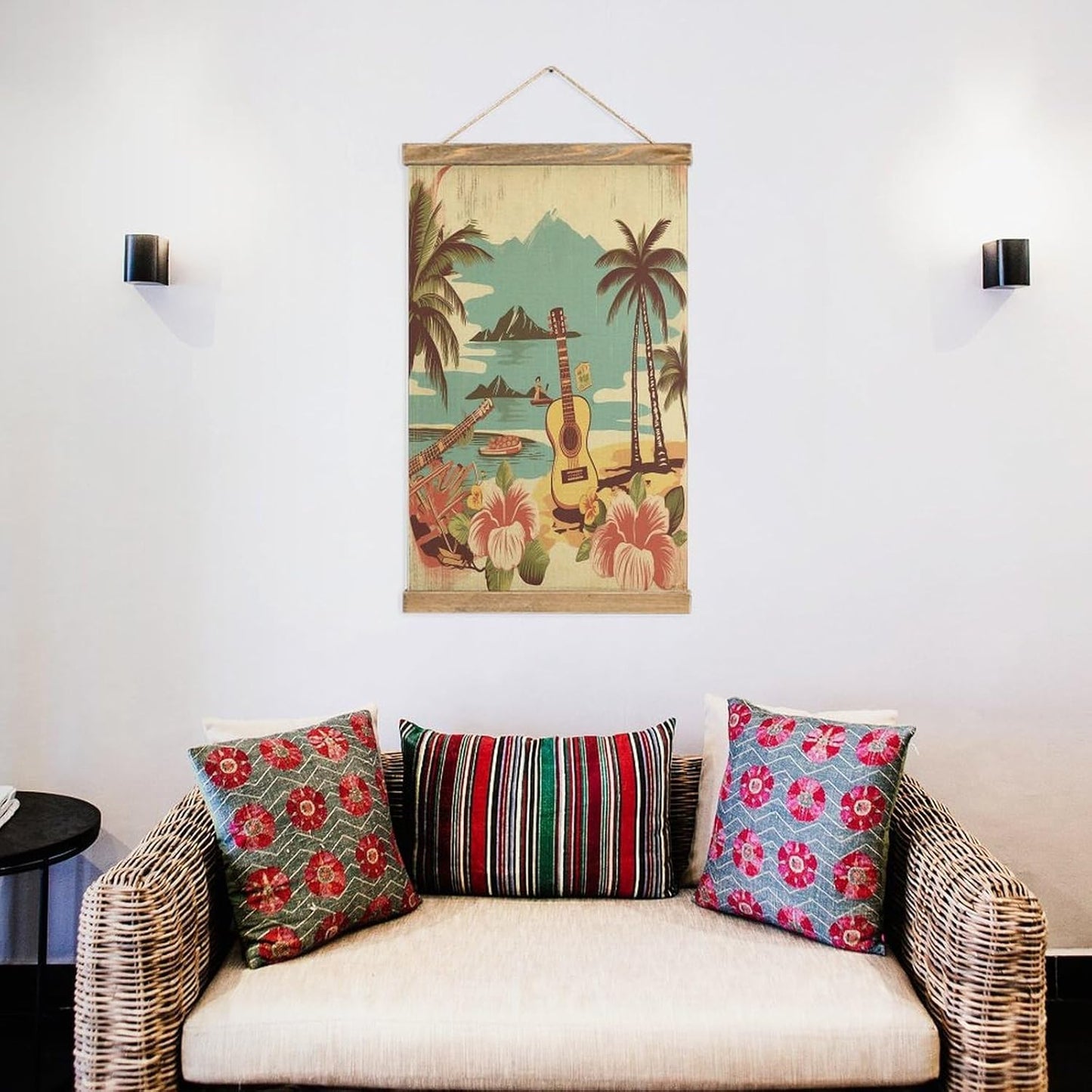 Vintage Vintage Hawaii Poster with Wooden Frame Personalized Linen Hanging Scroll Painting Rustic Wall Hanging Illustrative Modern Artwork Decor for Home Living Room Bedroom Office