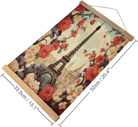 Vintage Paris Vintage Floral Poster with Wooden Frame Personalized Linen Hanging Scroll Painting Rustic Wall Hanging Illustrative Modern Artwork Decor for Home Living Room Bedroom Office