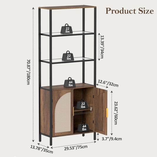 Rattan Bookshelf with Storage, 71" Tall Bookcase with Doors, Boho Book Shelf Narrow with LED Lights for Living Room, Bedroom, Home Office, Brown