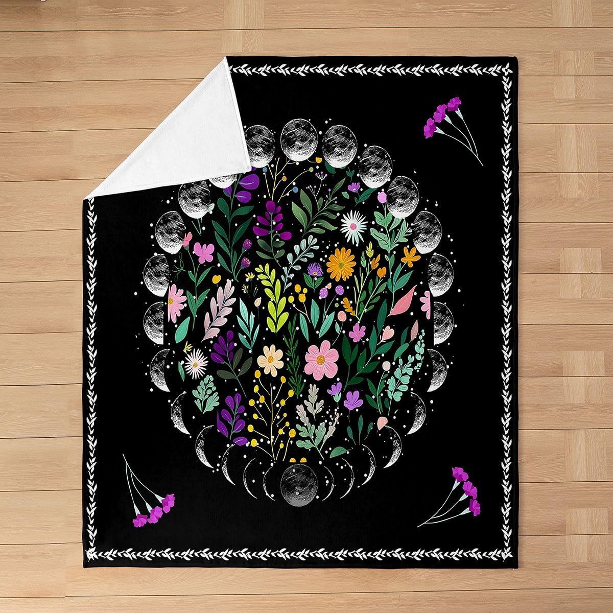 Erosebridal Moon Star Blanket Queen Inch Boho Floral Throw Blanket for Women Bohemian Flowers Leaves Starry Sky Fleece Blanket Universe Outer Space Mysterious Black Bedroom Decor Sherpa Blanket