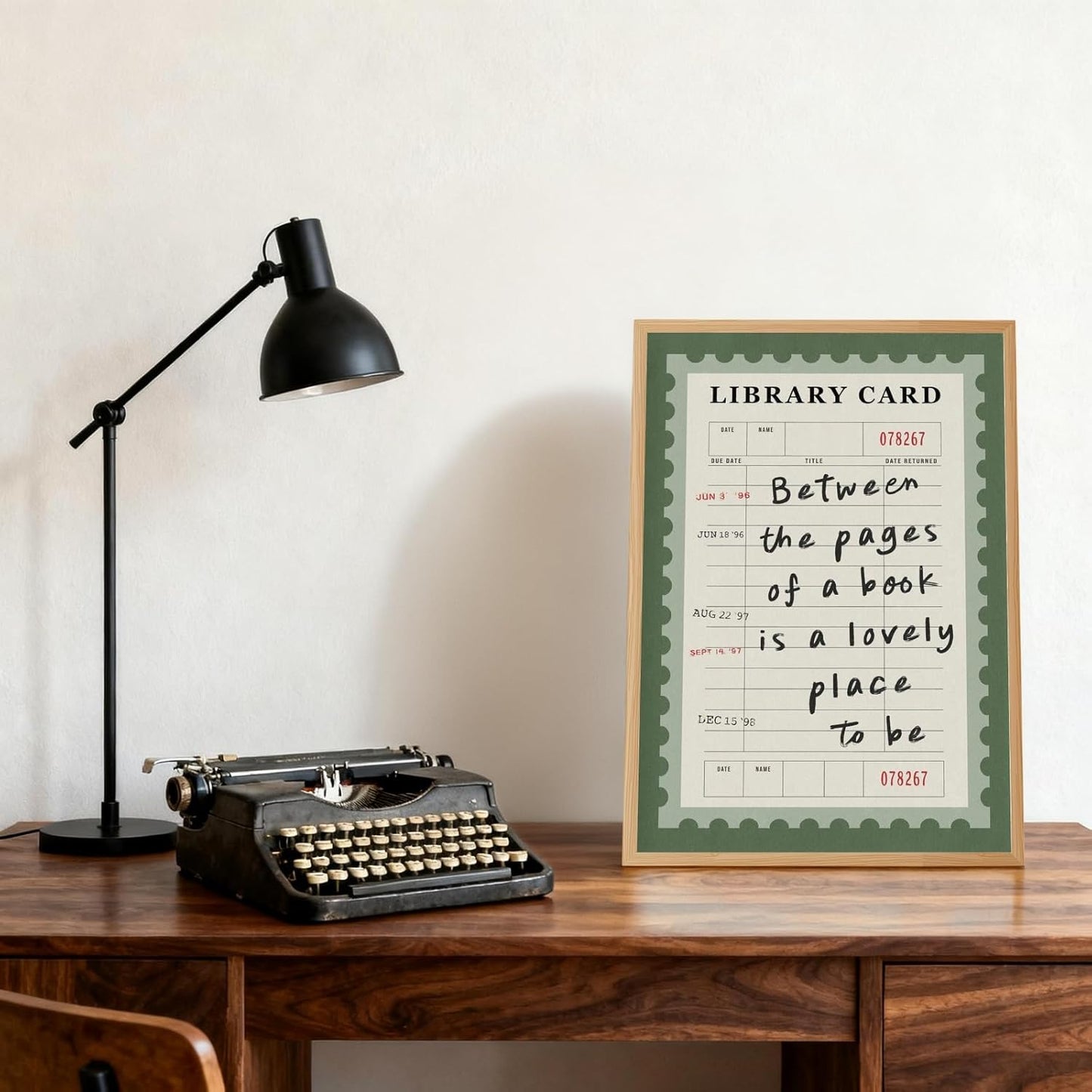 Framed Between The Pages Book Wall Art Green Library Card Print Trendy Book Lover Aesthetic Poster Vintage Cute Reading Quote Bookish Wall Decor for Study Room Girl Room 12x16inch Wooden Frame