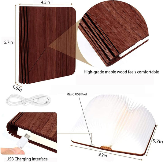 5.7Inch Wooden Book Light, 3 Colors Folding Book Lamp, USB Rechargeable,Unique Lamp,Book Lovers Gifts