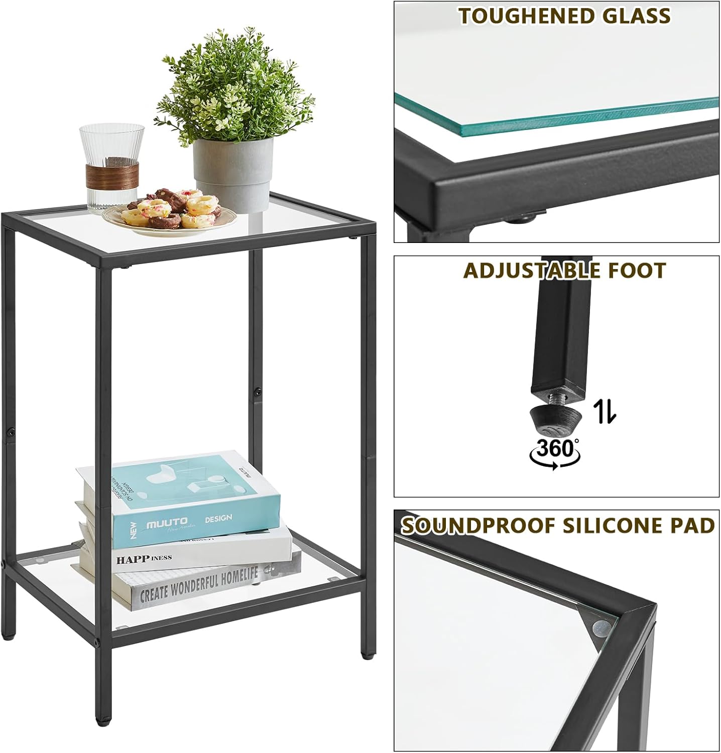 YMYNY Tempered Glass Side Table, 2 Tier End Table with Storage Shelves, Narrow Bedside Table, for Small Space in Living Room, Bedroom,Black, UHGD002B