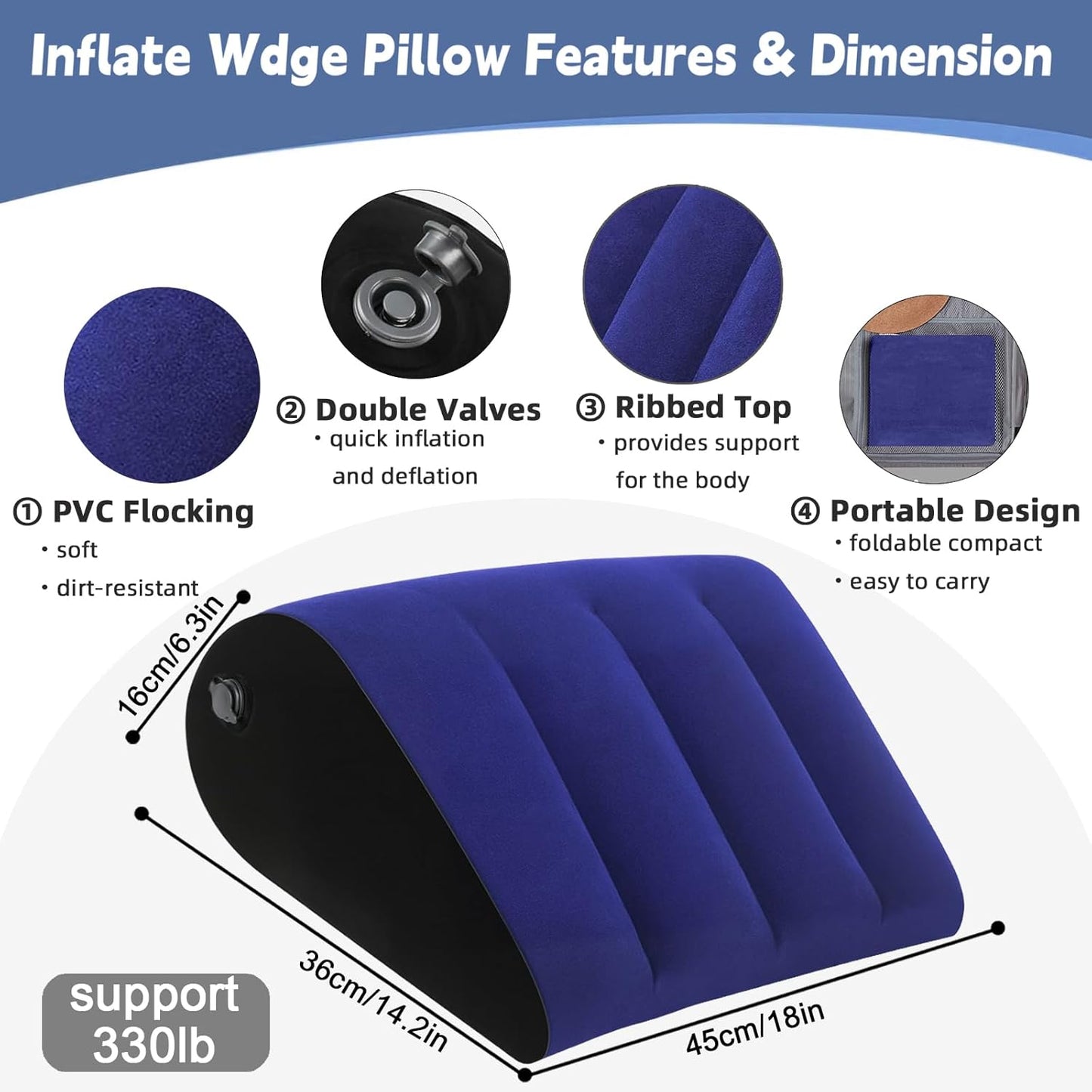 Inflatable Wedge Pillow for Sleeping and Travel - Multi-Purpose Support for Back, Legs, and Knees,Portable Triangle Cushion for Bed, Sofa, or Office,Includes Complimentary Silk Eye Mask(Blue)