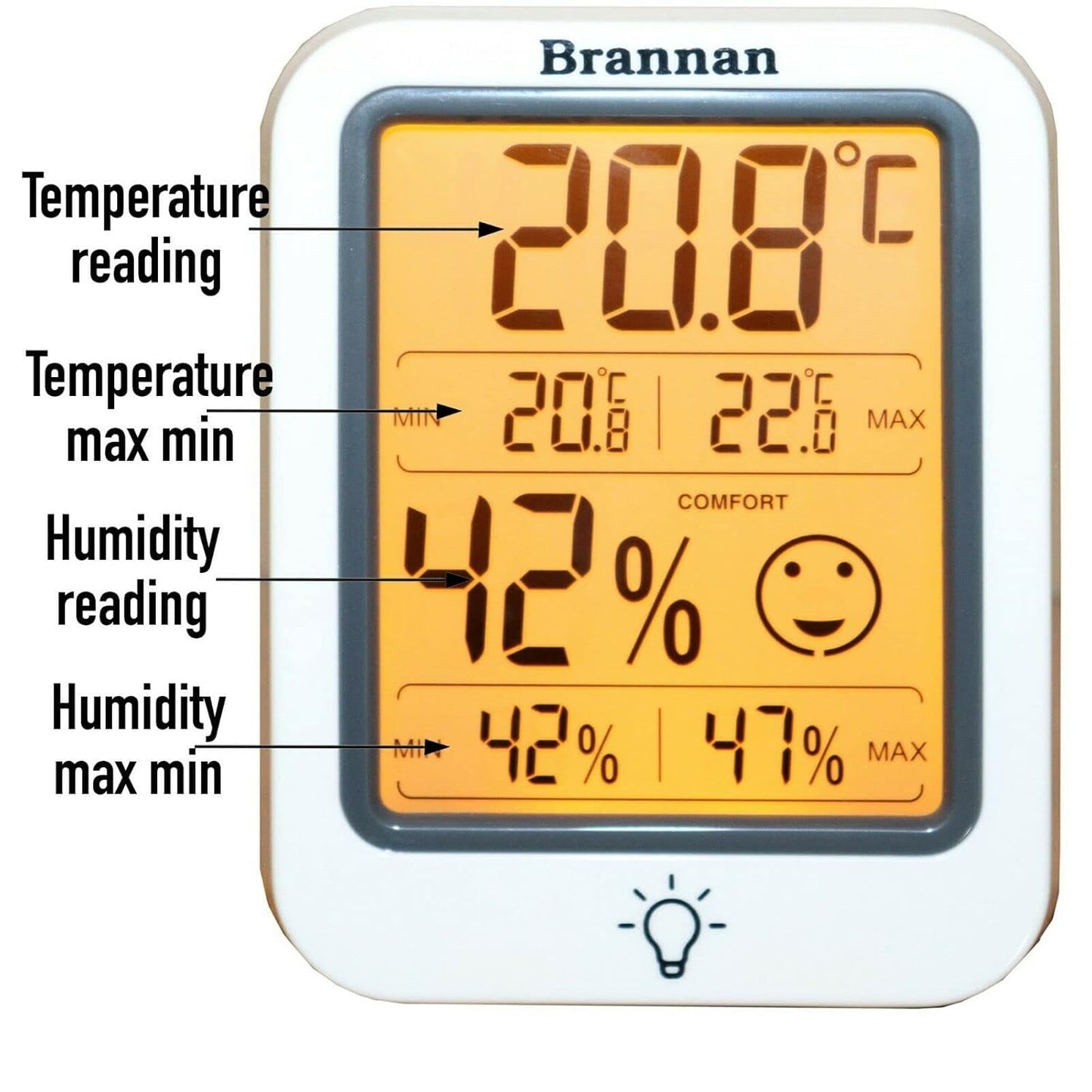 Brannan Digital Room Thermometer Hygrometer Indoor Humidity Meter Accurate Temperature Max Min Recording Backlight LCD Display Monitor Home Office Baby Room Nursery Greenhouse