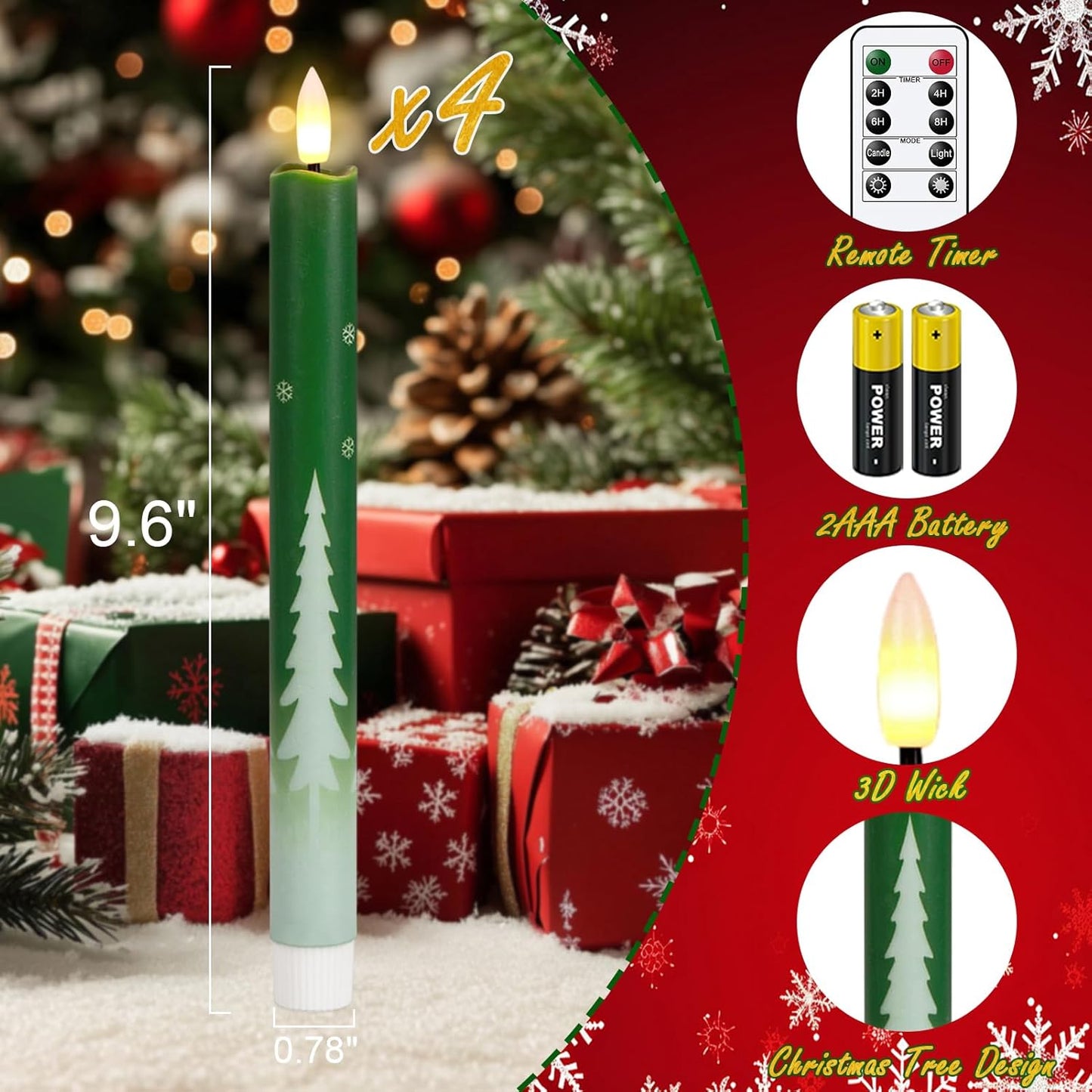 Christmas Tree Candles, Waxy LED Flamless Taper Candles with Remote Timer, Green Flameless Candlesticks with Tree Decals for Christmas Home Holiday Decorations(Set of 4, 0.78”x9.6”)