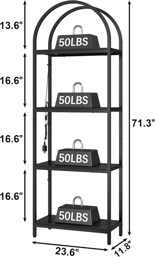 Yusong LED Bookshelf 4 Tier Arched Bookcase, 71.3" Tall Industrial Open Book Shelves for Living Room, Modern Freestanding Display Storage Rack with Metal Frame, Office, Bedroom, Black