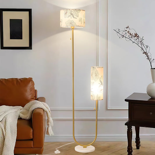 Floor Lamp for Living Room,Modern U-Shaped Standing Lamps with 2 Fabric lampshades, Rustic Farmhouse Tall Pole Light for Bedroom Corner Reading (Gold+White Shade)