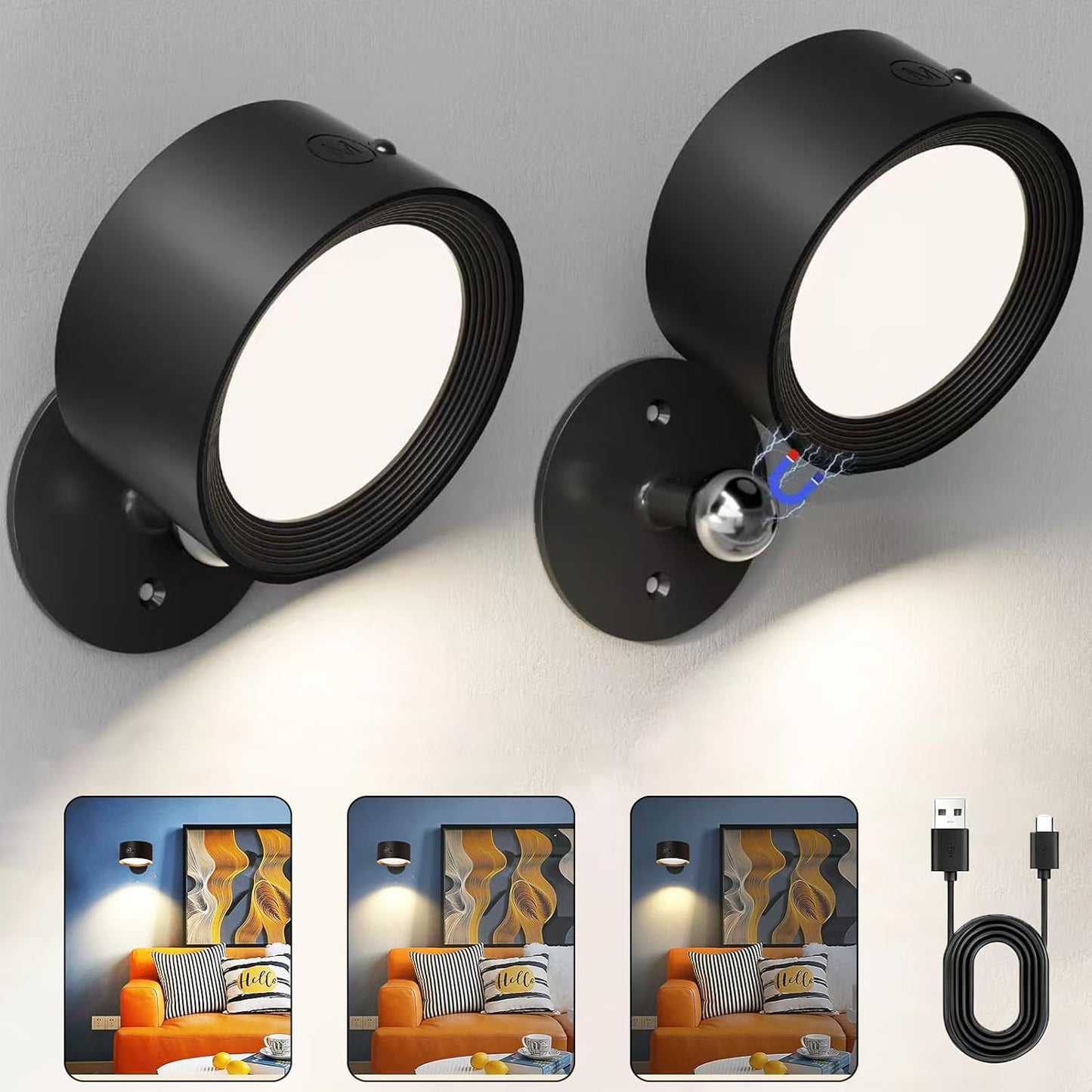 LED Reading Lights, Rechargeable USB Wall Mounted Sconces 3 Color Temperatures, 360° Rotate Magnetic Ball LED Wall Mounted Cordless Lamp for Reading Bedroom Bedside