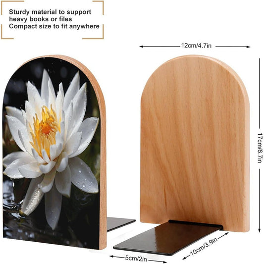 White Lotus Bookend for Shelves Wooden Book End Large Size Sturdy Book Holders Stoppers with Metal Base for Bookshelves Slick Decorative Bookends Stands