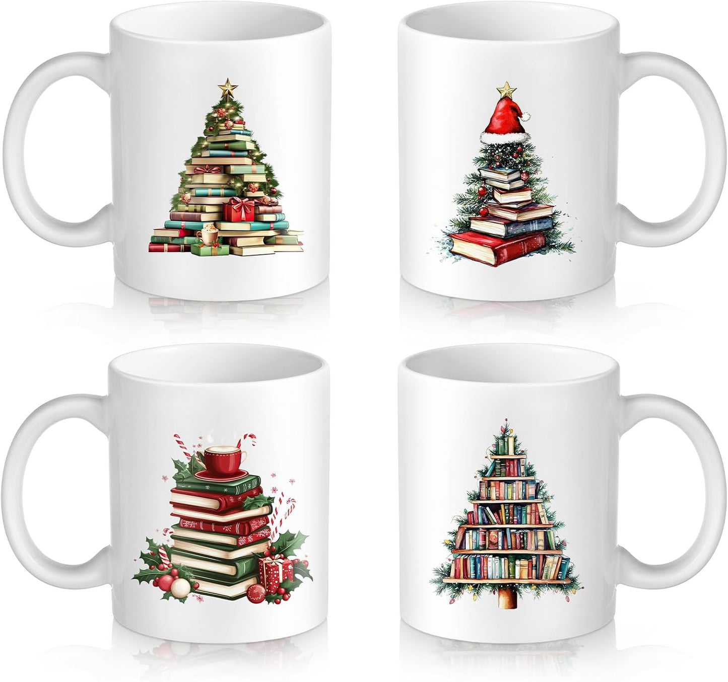 4 Pack Stack of Books Coffee Mug Book Tree 12 oz Christmas Ceramic Coffee Mugs Porcelain Bookworm Cups Bookish Book Lovers Gifts for Women Men Readers Writer Librarian Gifts