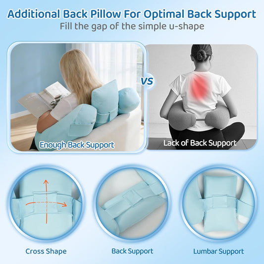 Crochet Pillow for Lap Support - Reading Pillow for Laptop with Extra Back Pillow for Support, Enlarged Gaming Pillow for Lap, Multi-Purpose Reading Pillow for Gaming/Working/Crocheting, Cooling Blue