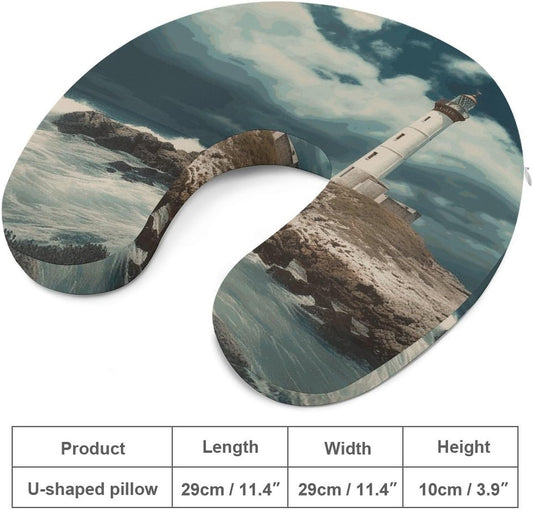 Lighthouse Seaside Neck Pillow Memory Foam U Shaped Pillows Portable Pillows for Shoulder Travel Head Support Pillow with Concealed Zipper for Airplane Car Home Office