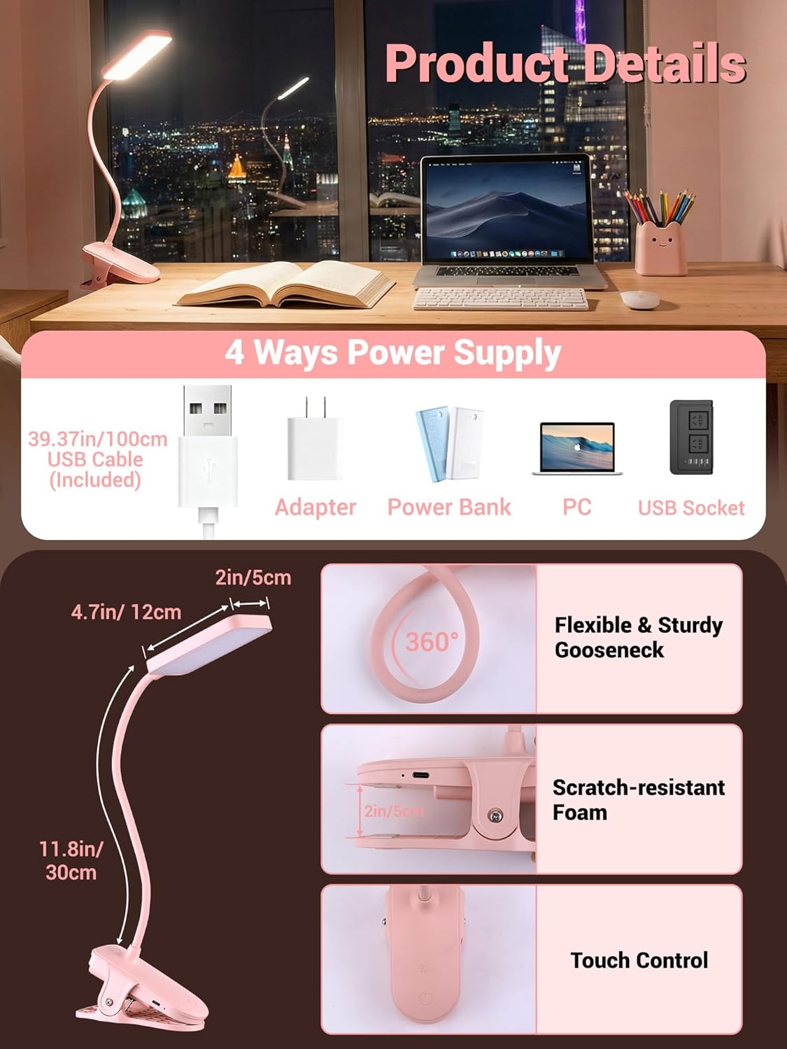 Pink Desk Lamp with Clamp Light,9 Brightness+5 Color Clip on Light,4000mAh Battery Rechargeable Desk Lamp Cute,48 LED Desk Light,Cordless Small Clip on Reading Light for Bed/Headboard/Bedside Table