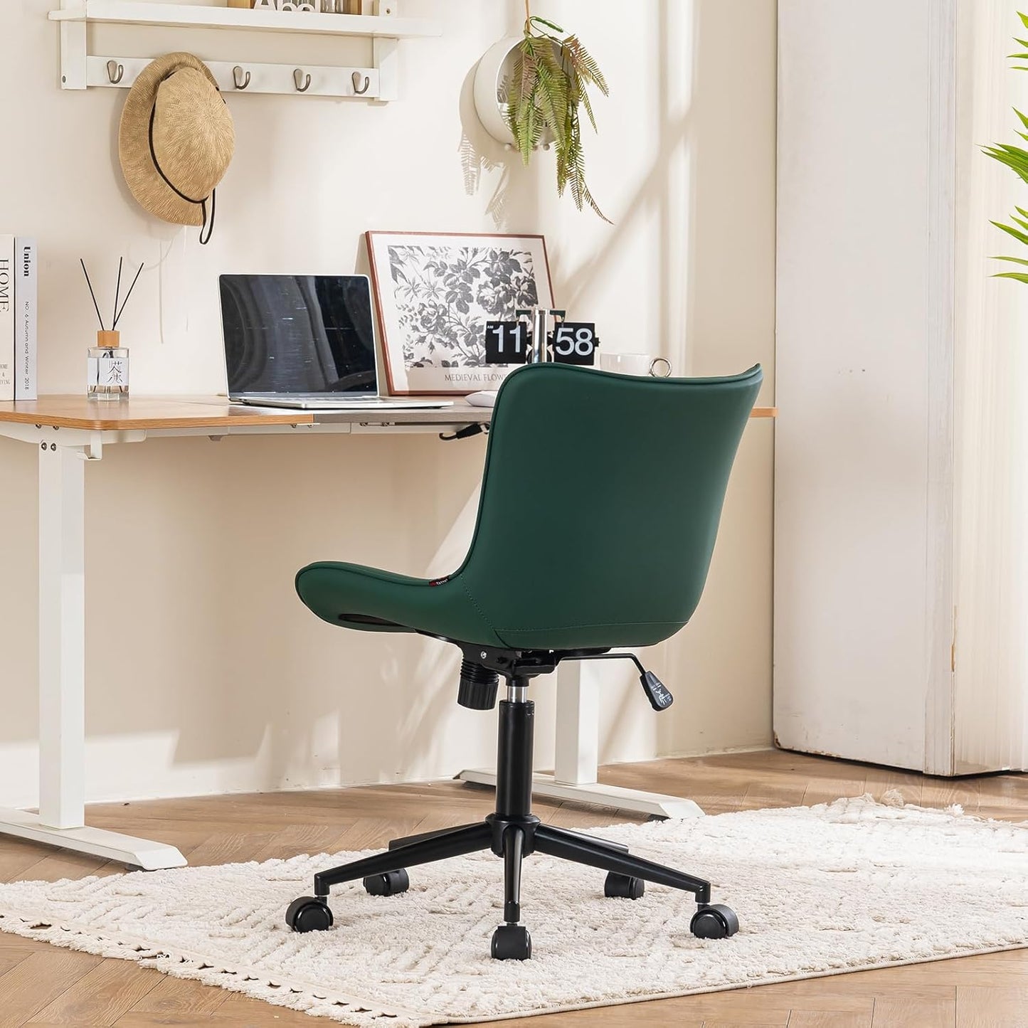 YOUTASTE Dark Green Armless Office Chair, Modern Adjustable Swivel Desk Chair with Wheels, Upholstered PU Leather, Black Metal Legs, Back Support for Home Office, Study, Vanity, Bedroom