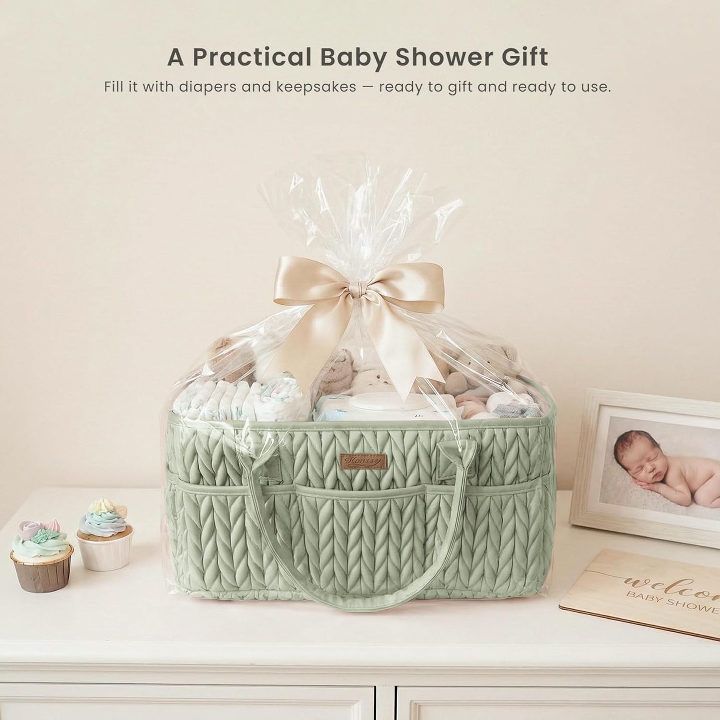 Konssy Braided Quilted Diaper Caddy Organizer, Boho Nursery Storage Basket with PU Leather Handles, Water-Repellent Portable Diaper Basket for Changing Table, Newborn Essentials (Fog Green)
