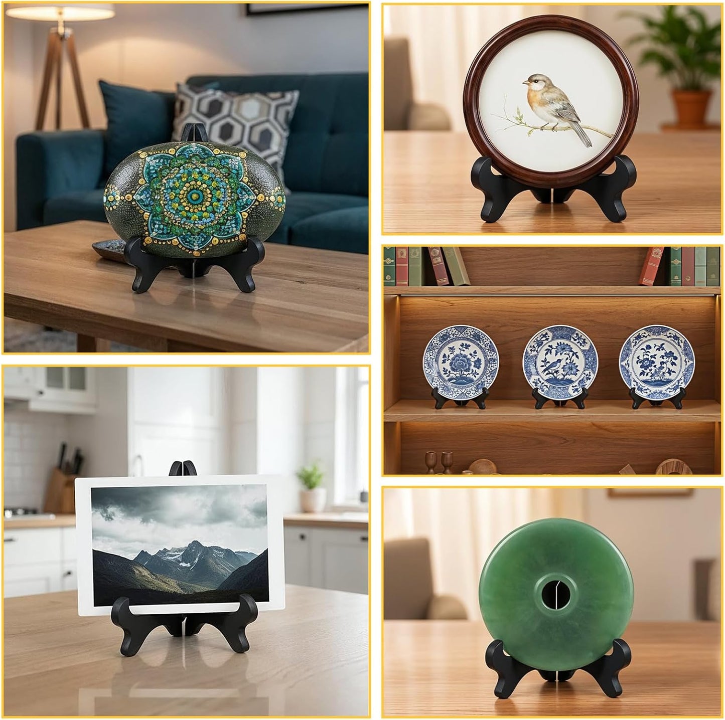 4 Pack Plate Stands for Display, Easel Plate Holder 4" Wood-Like Plastic Black Decorative Plates Display Stand Picture Frames Photo Holder Folding Displays Stand for Platter,Dish,Book,Photo,Plaque