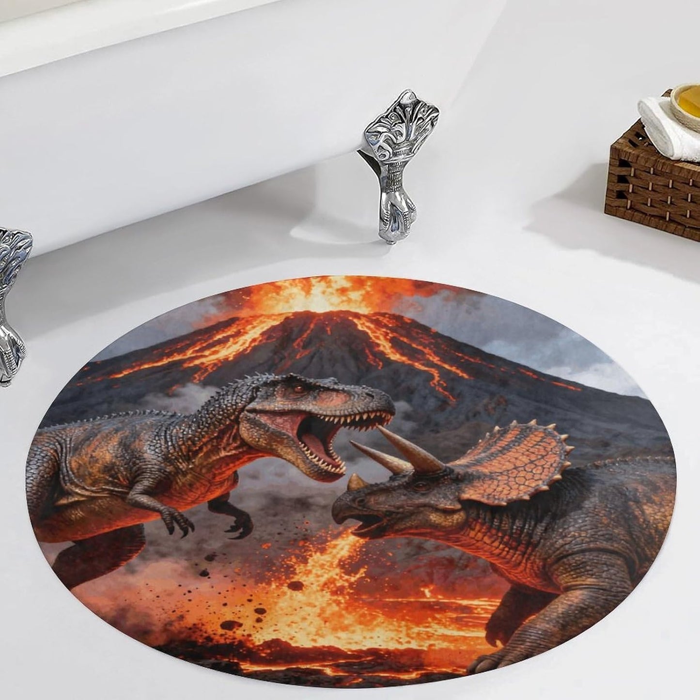 Coral Velvet Round Area Rug 3' Non-Slip TPR Backing Carpet 0.2 Inch Low Pile Dinosaur Volcano Eruption Door Mat Washable Decorative Floor Rug for Bathroom Kitchen Entryway Home Decor