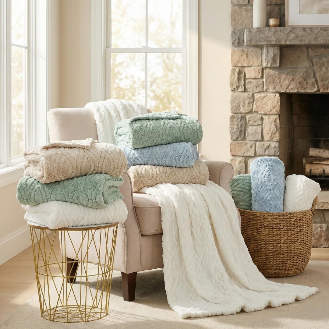 The Seacliff Blanket 50x60 Throw, Lighthouse Cream – Lightweight Soft Fleece Throw Blanket for Couch, Breathable All Season, Coastal Wave Texture