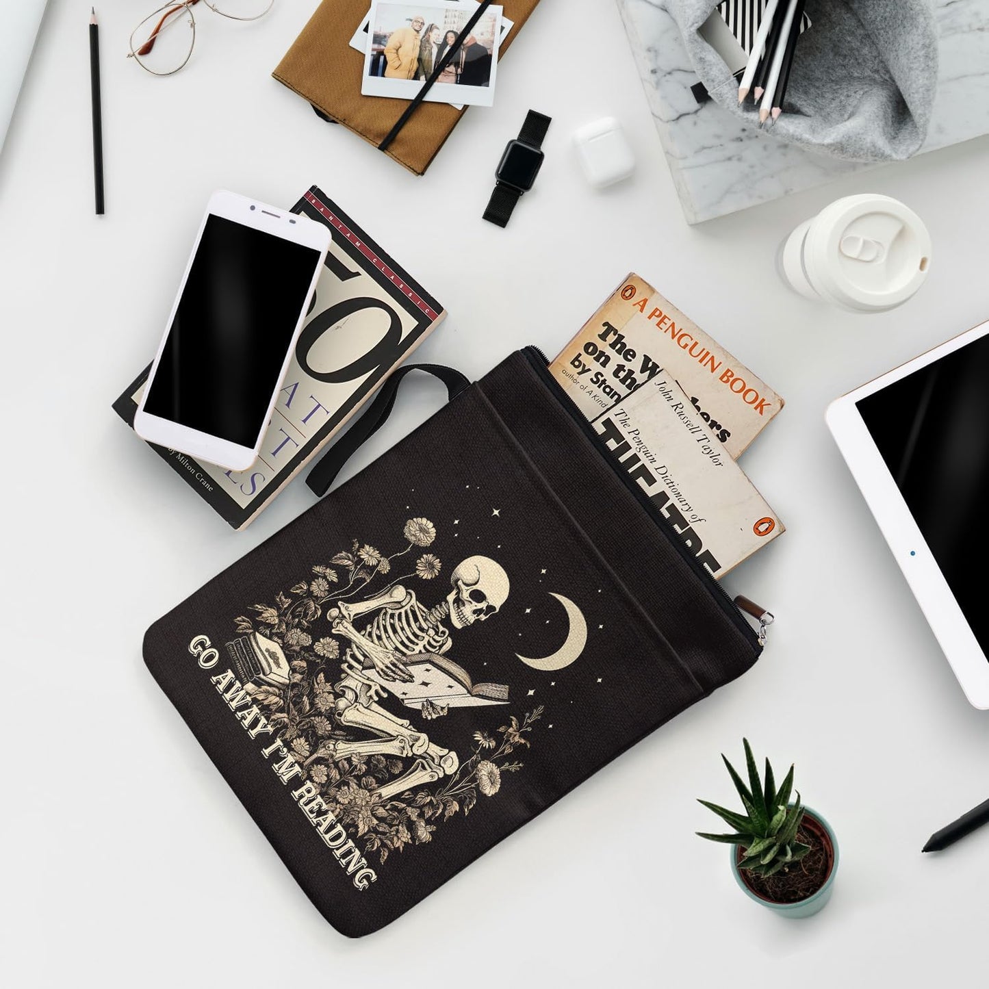Go Away I'm Reading Book Sleeve for Book Lovers Bookish, Skeleton Gothic Book Cover Gifts for Friends Students Teachers Book Club Bookworm Women Birthday Graduation Reading Day