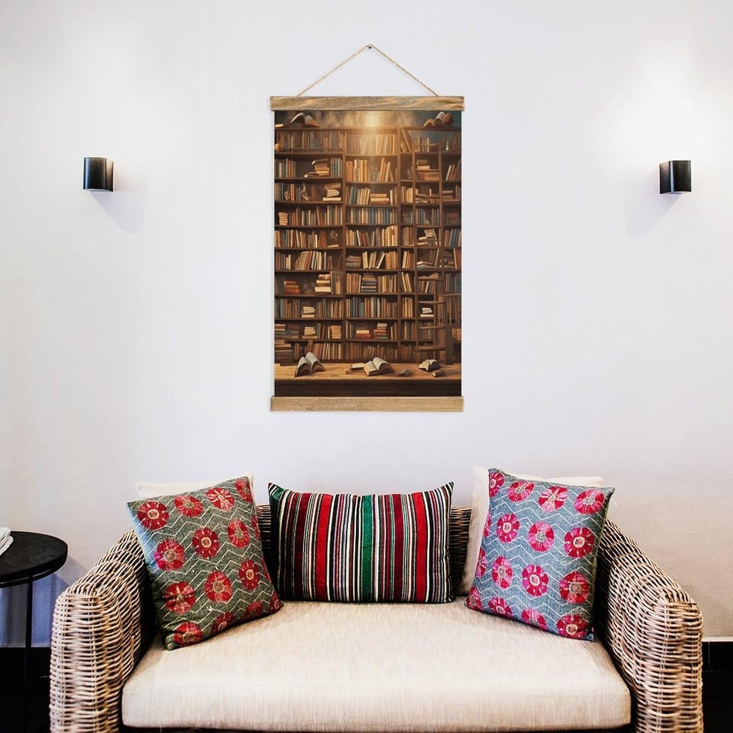 Vintage Books-png Poster with Wooden Frame Personalized Linen Hanging Scroll Painting Rustic Wall Hanging Illustrative Modern Artwork Decor for Home Living Room Bedroom Office