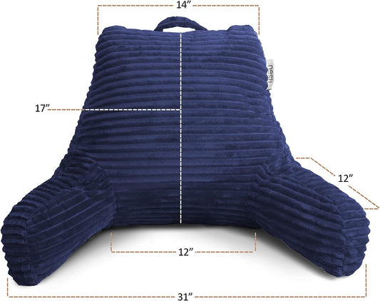 Nestl Reading Pillow with Shredded Memory Foam, Luxe Cut Plush Back Pillow for Sitting Up in Bed, Back and Arms Adjustable Support for Adult & Teens, Backrest Pillows with Washable Cover Navy Blue