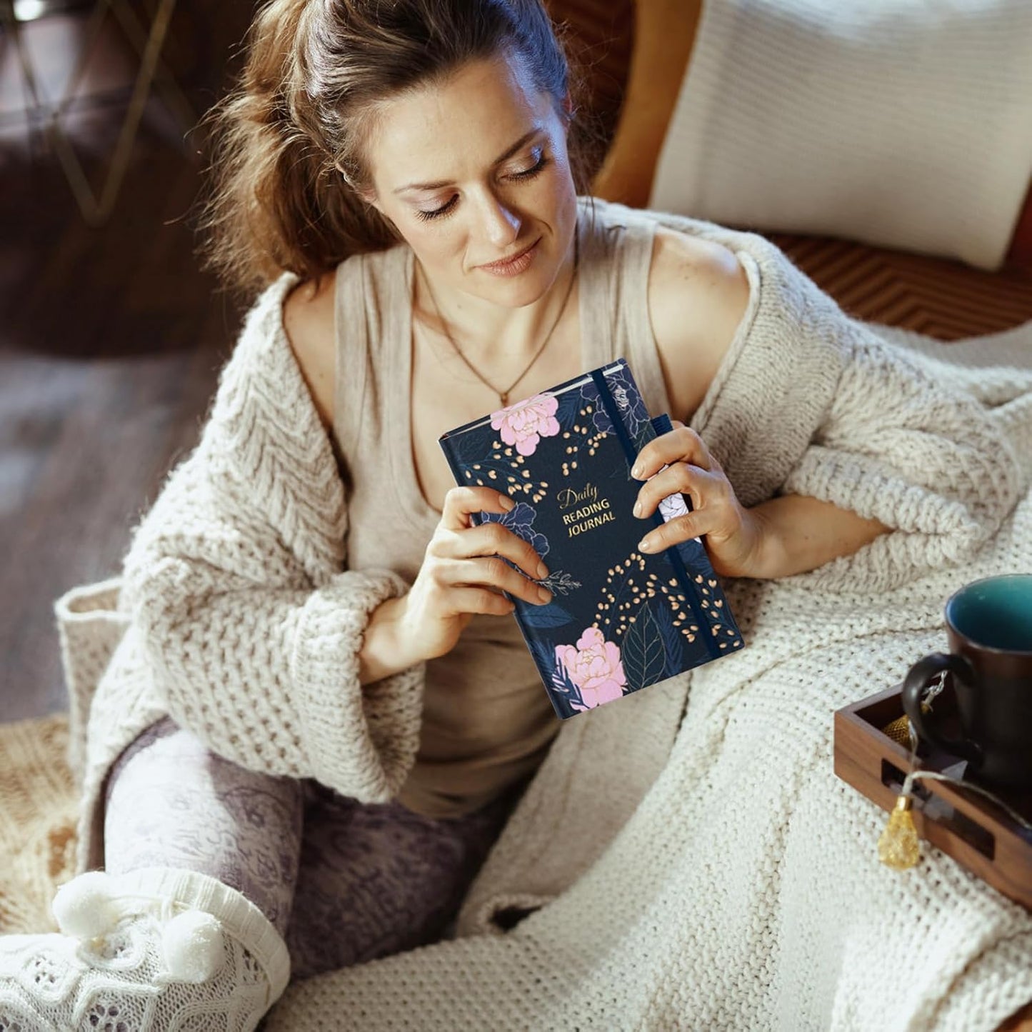 Reading Journal for Book Lovers - 75 Book Journal Reading Log for Book Tracking, A5 Linen Book Review Journal with TBR Tracker List, Ratings, Challenges, Prompts, and Index - Peony