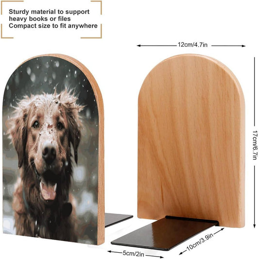 Non-Slip Bookend for Shelves Happy Dog in Rain Wooden Bookends with Metal Base Decorative Book Stopper for Home Heavy Duty Wood Book Storage for Books/CDs