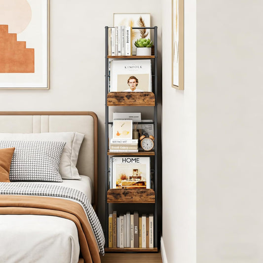 Bikoney Rotating Bookshelf, 360 Display Spinning Bookshelf Tower, 5-Tier Narrow Bookcase, Tall Industrial Book Shelf Organizer, Small Corner Book Shelves for Living Room, Black