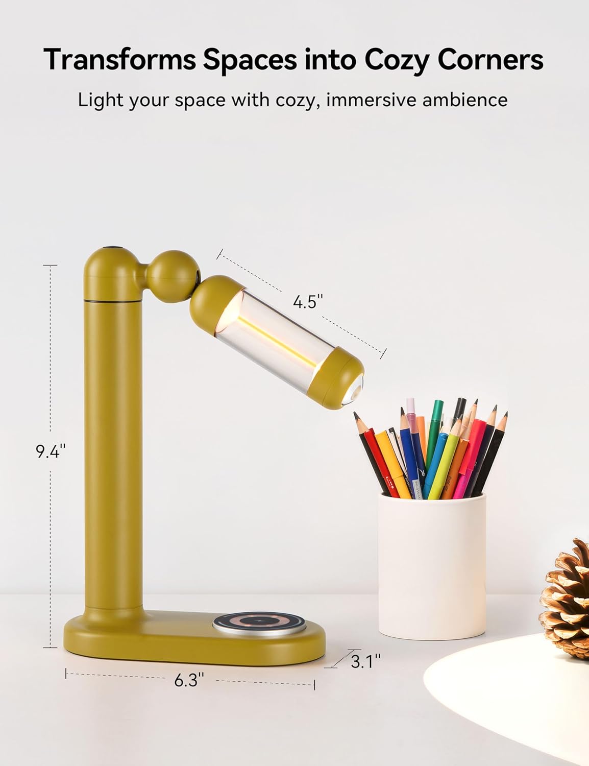 Tubicen Table Lamp Flexible Focus Spotlight Desk Light with Wireless Charger Station 3000mAh Battery Rechargeable Cordless Nightstand Reading Lamp Rotatable Dimmable Modern LED Desk Lamp Yellow
