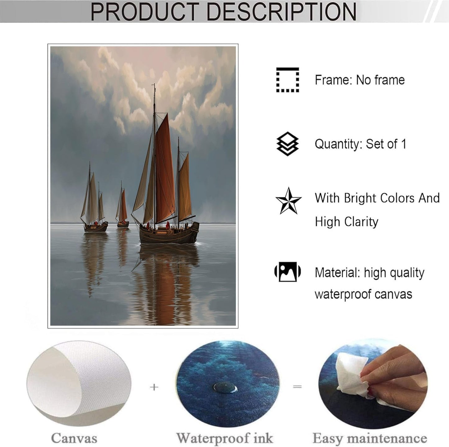 GDJSMIN Ocean Landscape Wall Art, Wooden Sailboat Pattern Poster For Reading Room Living Room Decor 16X 24 Inch Unframed