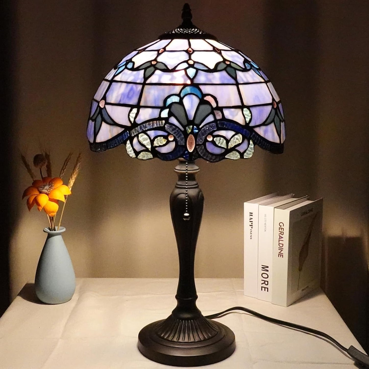 TL0015 Tiffany Table Lamp, Blue Baroque Stained Glass Shade, W12×OH21.5in, LED Bulb Included, for Bedroom Living Room (Blue Baroque)