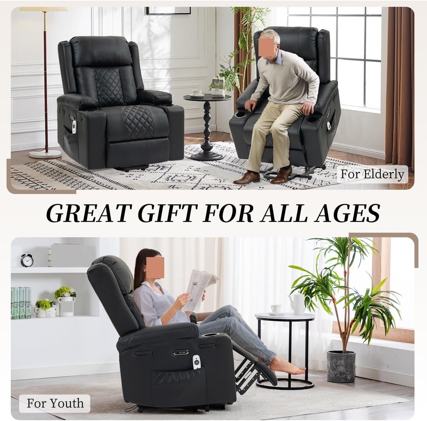 Electric Lift Recliner Chair for Seniors with Full-Body Vibration Massage, Heated Lumbar Support, PU Leather Sofa with Cup Holders Adjustable Footrest, Perfect for Living Room or Home Theater, Black