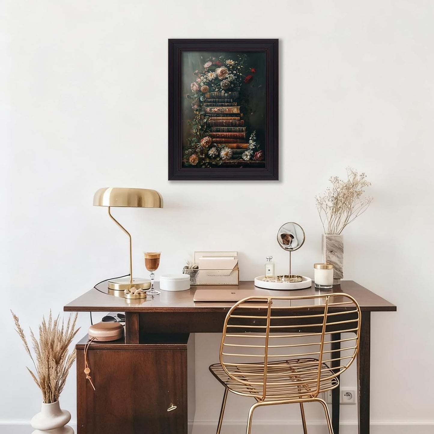 Vintage Framed Book Floral Wall Art Dark Academia Antique Flower Poster Retro Library Botanical Oil Painting Rustic Cottagecore Canvas Prints for Gallery Bathroom 08x10 inch