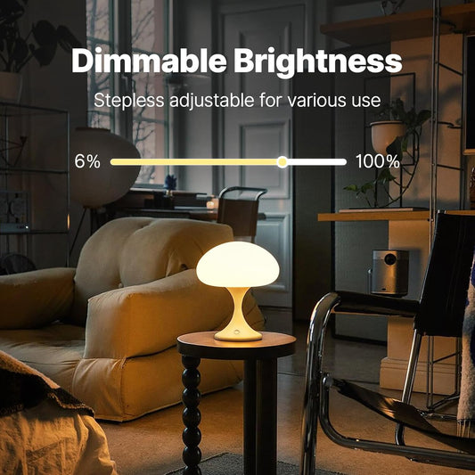 Mushroom Lamp, 5W LED Cordless Rechargeable Table Lamp with Glass Shade, Small Retro Dimmable Touch Light with 3 Color Temps, Aesthetic Mid Century Bedside Light for Bedroom Ambient, White