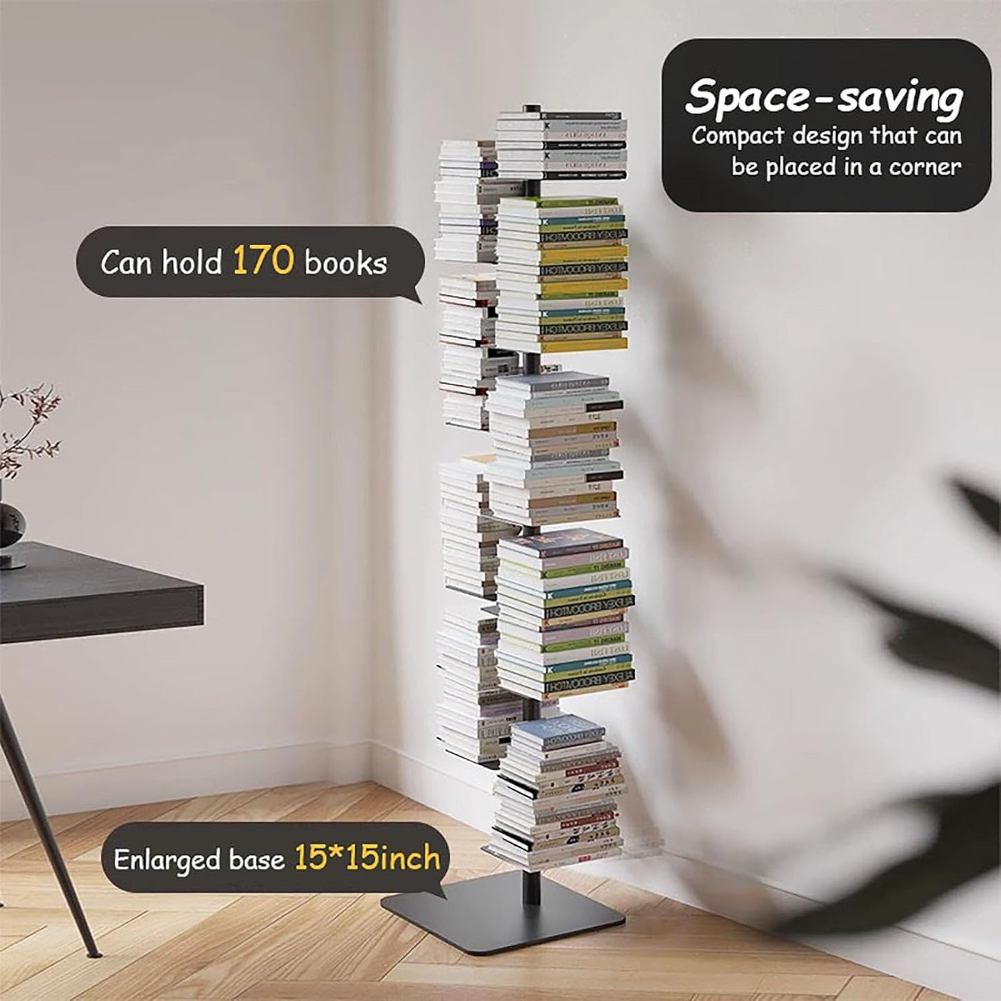 Modern Metal Spine Bookshelf - 9-Tier Spinning Book Tower, Tall Narrow Bookcase, Vertical Floating Shelf, Rotating Display for Small Spaces, Floor Standing Bookcase Storage Solution